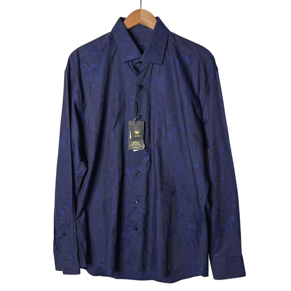 NEW Bertigo Button Shirt Mens XL Navy Blue Floral Jacquard Print Modern Dress